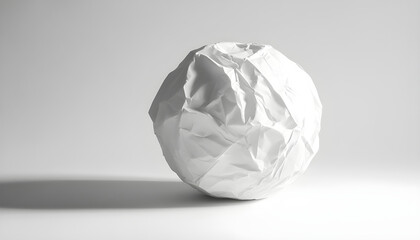 Crumpled white paper ball forms spherical shape against plain background. Texture shows many folds creases and wrinkles. Represents ideas waste or creativity