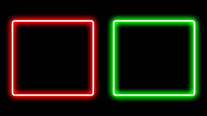 Red and Green Neon Glowing Square Frames on Black Background