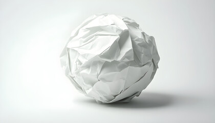 Crumpled white paper ball forms spherical shape against plain background. Texture shows many folds creases and wrinkles. Represents ideas waste or creativity