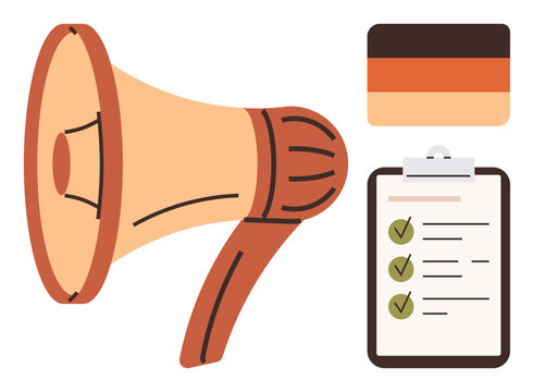 Megaphone, checklist with marked tasks, and German flag emphasizing communication, task management, and cultural ties. Ideal for project organization, teamwork, campaigns, announcements strategy