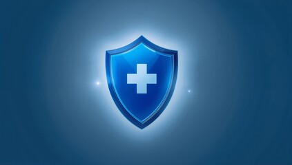 Fototapeta premium Blue Shield Symbol With a White Cross Glowing Softly Against a Dark Background
