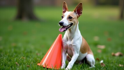 A dog sits on grass with a cone in its mouth, ready for medical treatment