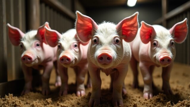 A group of pigs standing side by side, often used in agricultural or farming contexts
