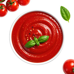 Tomato soup in a white bowl, garnished with basil leaves, pepper, and tomatoes, viewed from above, isolated on white