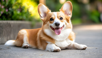 Light brown and white dog with mouth open rests on pavement near a textured wall. Its tongue hangs out, looking alertly to the side, in a relaxed outdoor pose