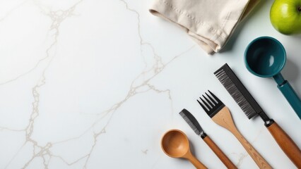 A table setting with wooden utensils and a green apple, ideal for rustic or natural themed photoshoots
