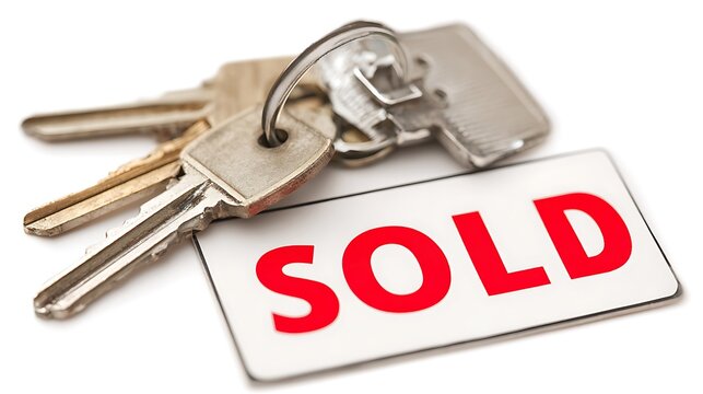 real estate house keys with sold banner isolated on white background