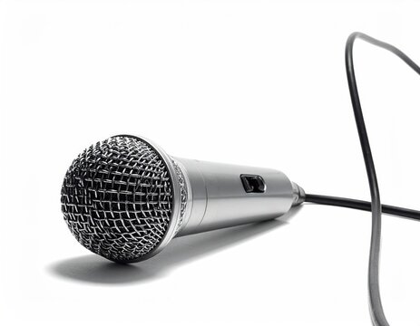 Silver microphone with black cable on white