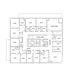Architectural floor plan of a commercial building with shops