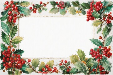 Vintage Watercolor Christmas Holly Frame with Red Berries, Botanical Holiday Border Template on Textured White Background