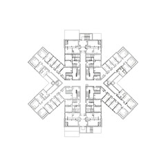 Architectural floor plan of a star-shaped building