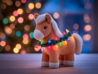 Toy horse wrapped in Christmas lights with festive background