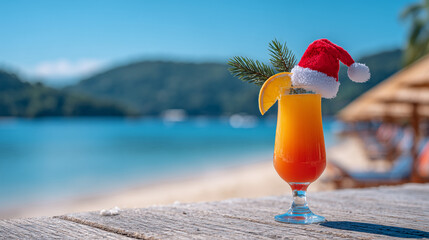 Tropical cocktail with Santa hat on beach at Christmas
