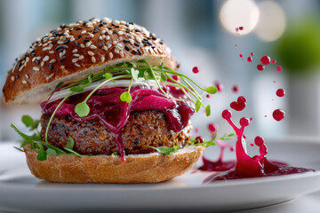 A gourmet burger with beet relish, microgreens, and sesame seed bun