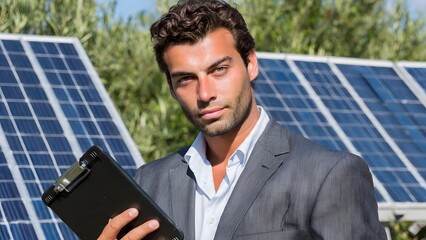 Confident young businessman in a suit walking along a row of photovoltaic solar panels, symbolizing clean energy investment, corporate sustainability, and green technology adoption.