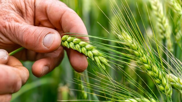 Close up detail of rough farmer hand holding and inspecting green barley ear in agricultural field to check crop quality during sunny summer growing season.