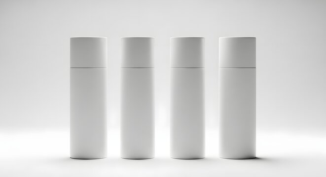 Four white cylindrical containers standing in a row on white background