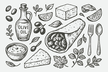 Greek Cuisine Essentials Line Art Set | Olive Oil, Feta, Gyros & Mediterranean Doodles