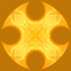 Bright abstract circular ornamental motif with glowing yellow shapes creating a symmetrical decorative design.