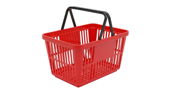 Bright red plastic shopping basket with black handle isolated on transparent background