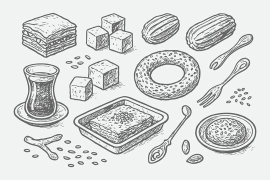 Turkish Dessert Line Art Set | Baklava, Lokum, Simit & Sweet Sketch Collection