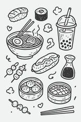 Asian Street Food Line Art Set | Ramen, Sushi, Dimsum & Bubble Tea Sketch