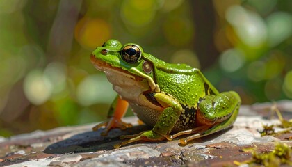 Close-up of a vibrant green amphibian with prominent eyes and textured skin, sunlit against a blurred natural backdrop