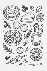 Mediterranean Cuisine Line Art Set | Hummus, Pita, Falafel & Olive Sketches