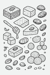 Middle Eastern Sweet Treats Line Art Set | Baklava, Halva, Dates & Delight Sketches