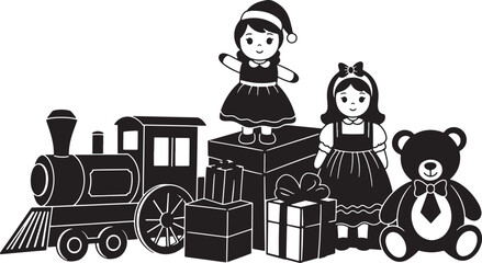 Black and white Christmas toys including train dolls teddy bear and gifts