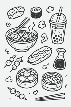 Asian Street Food Line Art Set | Ramen, Sushi, Dimsum & Bubble Tea Sketch