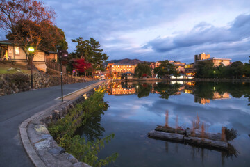 Nara town skyline reflection in Sarusawaike pond in autumn at dusk