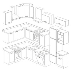 Collection of kitchen cabinets and appliances in outline form