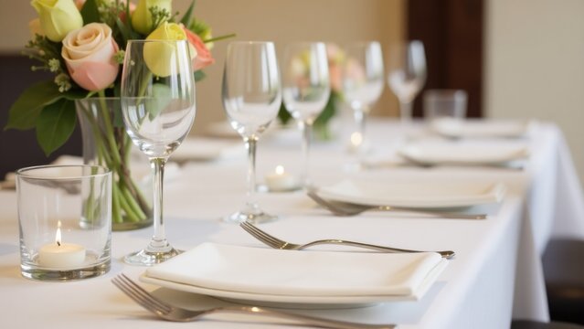 A beautifully set table with flowers in a vase, perfect for a special occasion or event
