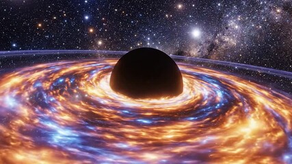 A cosmic scene depicts a black sphere at the center, surrounded by a luminous swirling disk of orange, purple, and blue hues. The background is a star-filled cosmos - Powered by Adobe