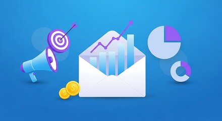 Illustration representing email marketing success featuring a megaphone with a target, an open envelope displaying a bar chart and rising line graph, coins, and pie charts against a vibrant blue backg
