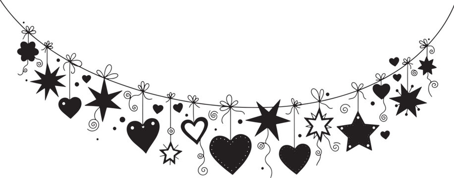 Festive garland with hanging hearts stars and flower in doodle style - Powered by Adobe