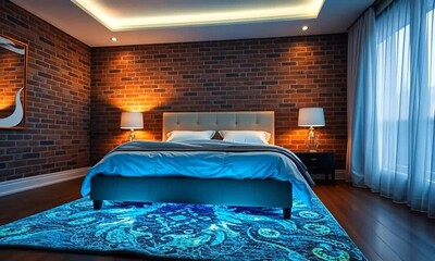 Serene bedroom interior with soft lighting and brick accent wall