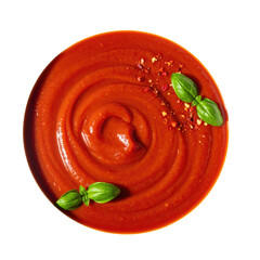 Tomato sauce swirl with basil leaves and red pepper flakes, isolated on a white background, png with transparency