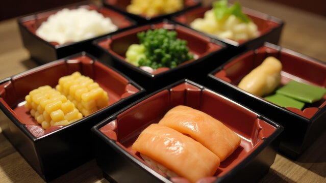 A close-up view of a tray of assorted foods on a table, suitable for use in recipes, cooking demonstrations, or food blogging