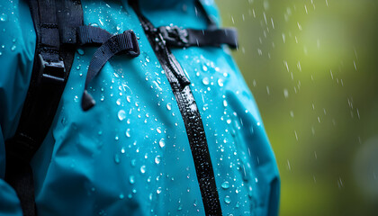 Closeup view of waterproof blue jacket covered in rain drops. Person wears jacket in rainy weather. Water resistant garment protects from wet conditions
