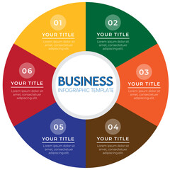 6 Steps Circular Business Infographic Template. Pie Chart Diagram with Six Colorful Segments for Options, Strategy, and Process Presentation. Minimalist Vector Graphic Design