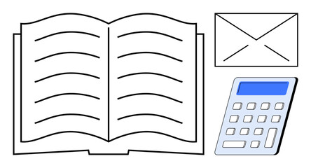 Open book with blank pages, calculator with blue display, and closed envelope. Ideal for education, planning, communication, budgeting, learning organization finances. Simple flat metaphor
