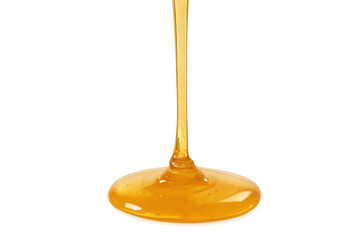 Golden honey pouring creating viscous liquid puddle, sweet natural food ingredient with transparent background