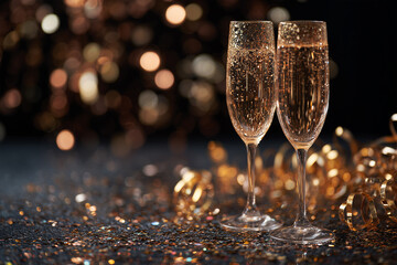 Celebrate the New Year with sparkling champagne glasses, golden confetti, and luxurious black velvet for a glamorous festive atmosphere and unforgettable moments