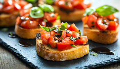 Crisp toasted bread slices topped with fresh diced tomatoes, basil, and a drizzle of balsamic glaze. Delicious appetizer perfect for summer gatherings