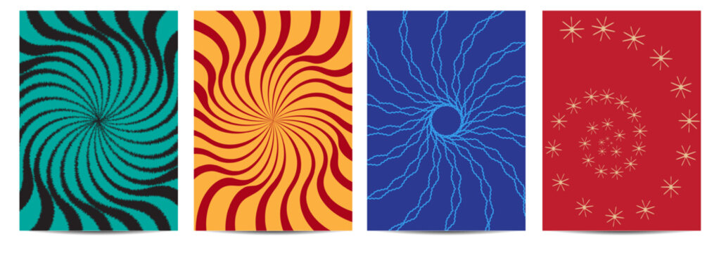 Collection of Abstract Swirl and Radial Digital Art Backgrounds. Dynamic Optical Illusion Patterns in Teal, Red, Yellow, and Blue. Modern Graphic Set for Posters, Covers 