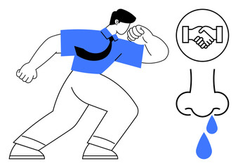 Health awareness concept. Health d with sneezing, runny nose, and hygiene actions thumbs up avoiding handshakes. Health message suitable for healthcare education and prevention campaigns. healthcare