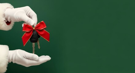 Santa's hands with keys decorated with red ribbon on green background with copy space. Christmas or New Year gift concept. Car keys or house keys, present or purchase for yourself on holidays