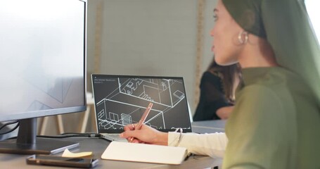 Asian Indian architect woman reviewing laptop plan, jotting blueprint notes at office copy space - Powered by Adobe